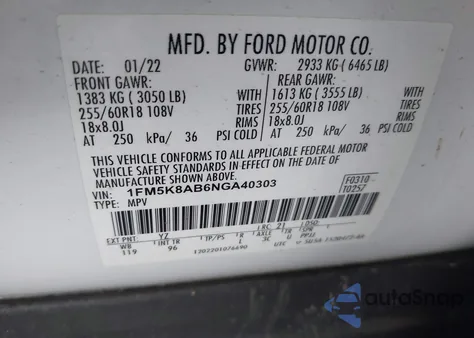 2022 Ford Police Interceptor z USA, uszkodzony, nr VIN 1FM5K8AB6NGA40303